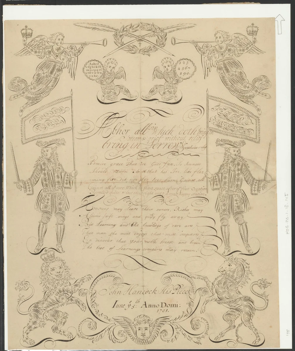 Kalligrafie op het Protestantse Geloof by John Hancock, other, 1701