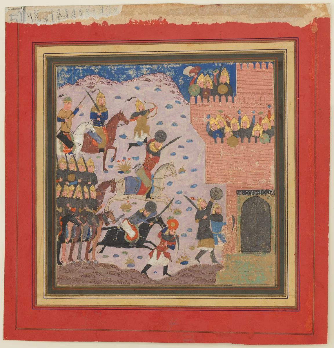 "Kai Khusrau, Gudarz and Giv Capturing the Demon's Fortress, Bahman (?)", Folio from a Shahnama (Book of Kings) by Abu'l Qasim Firdausi, manuscript, 1405-1465
