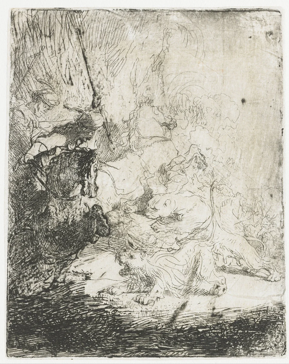 The Small Lion Hunt, with Two Lions by Rembrandt van Rijn, print, 1629