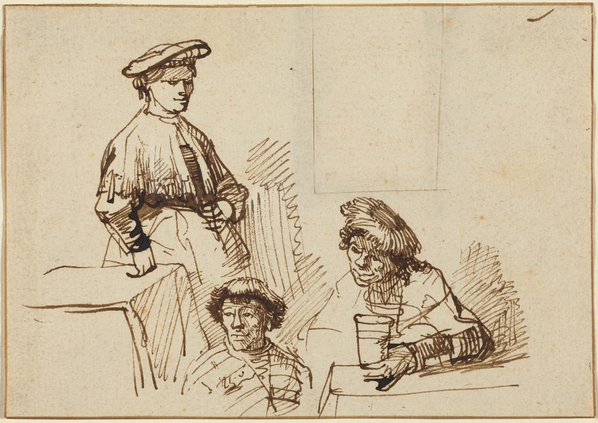 Sketches from a Tavern: Woman Standing and Two Men Seated by Rembrandt van Rijn, drawing, 1606-1669