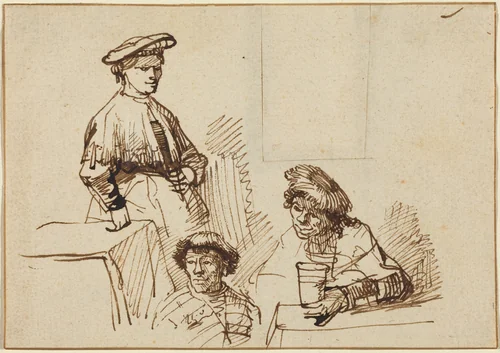 Sketches from a Tavern: Woman Standing and Two Men Seated by Rembrandt van Rijn, drawing, 1606-1669