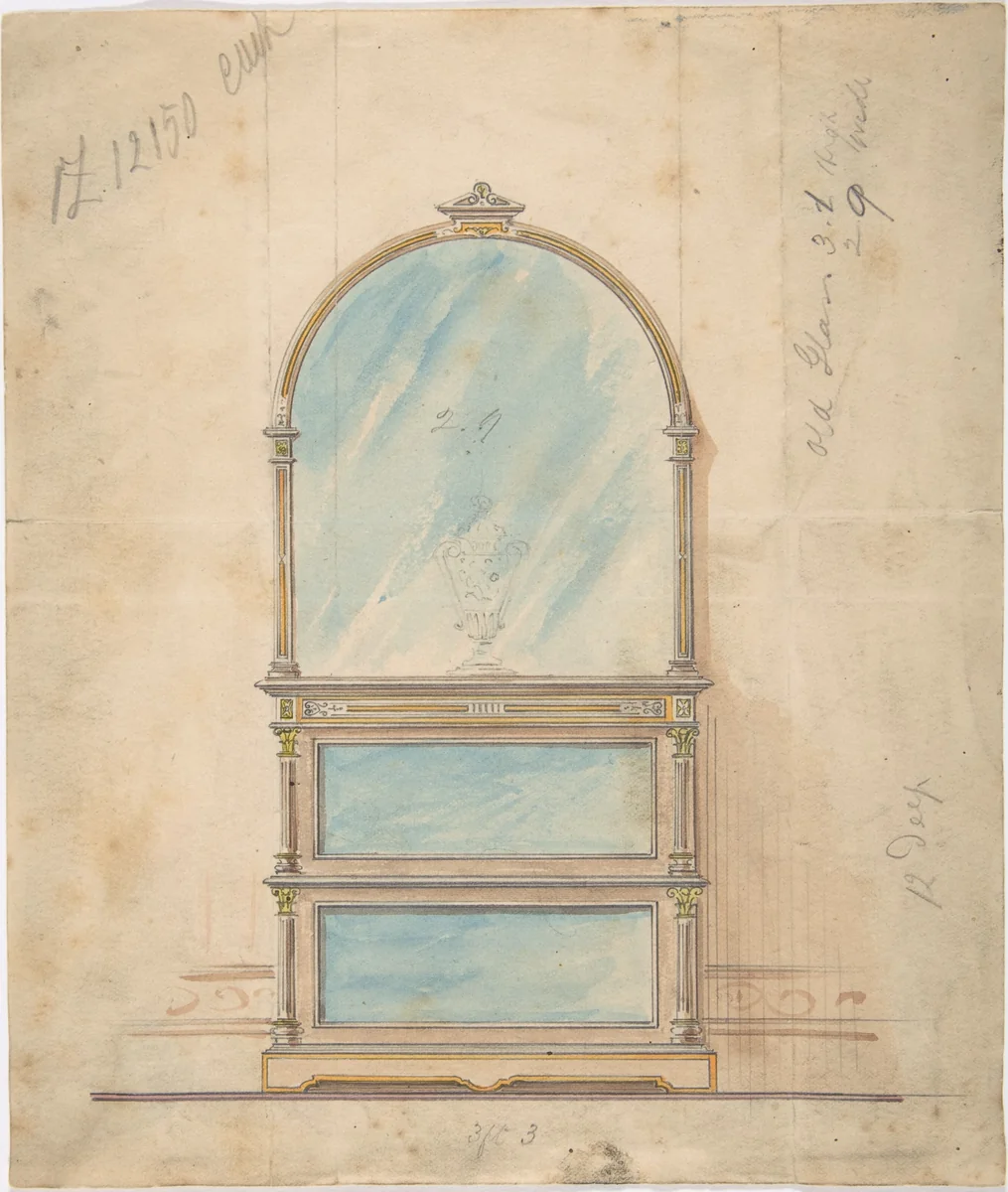 Design for a Mirror-fronted Cabinet Topped with a Mirror by anonymous, drawing, 1800-1900