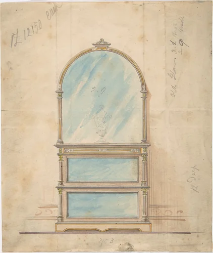 Design for a Mirror-fronted Cabinet Topped with a Mirror by anonymous, drawing, 1800-1900