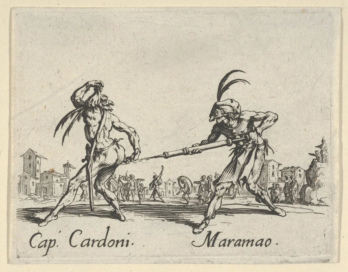 Cap. Cardoni - Maramao, from "Balli di Sfessania" (Dance of Sfessania) by Jacques Callot, print, 1622