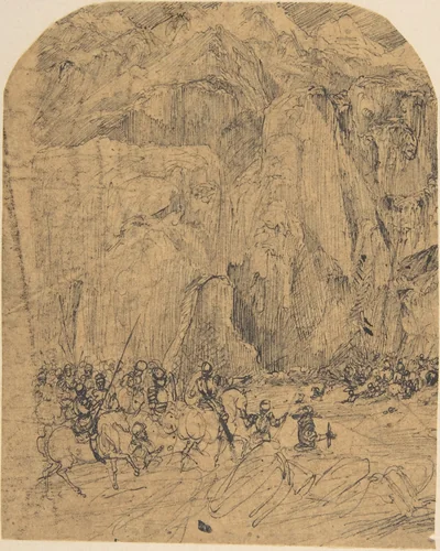 Warriors in a Mountain Pass by Rodolphe Bresdin, drawing, 1822-1885