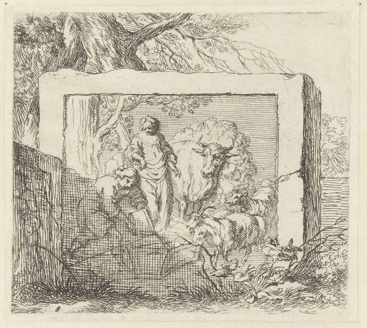 Steenblok met bas-reliëf met een voorstelling van een herder die water in een drinkbak giet by Nicolaes Pietersz Berchem, print, 1646-1652