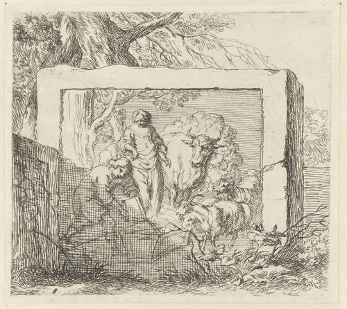 Steenblok met bas-reliëf met een voorstelling van een herder die water in een drinkbak giet by Nicolaes Pietersz Berchem, print, 1646-1652
