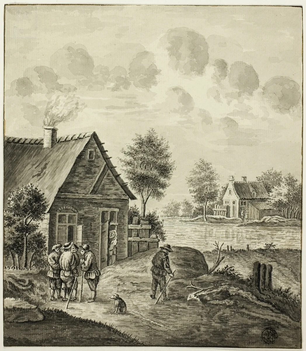 Men Conversing Outside House Beside Canal by Isaac van Ketweg, drawing, 1758-1800