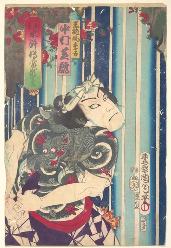 Imaginary portrait, Shuihuzhuan of Stage: Tōryūdai (Mitate Suikoden Tōrōdai) - Actor Nakamura Shikan plays Suekichi by Toyohara Kunichika, print, 1875