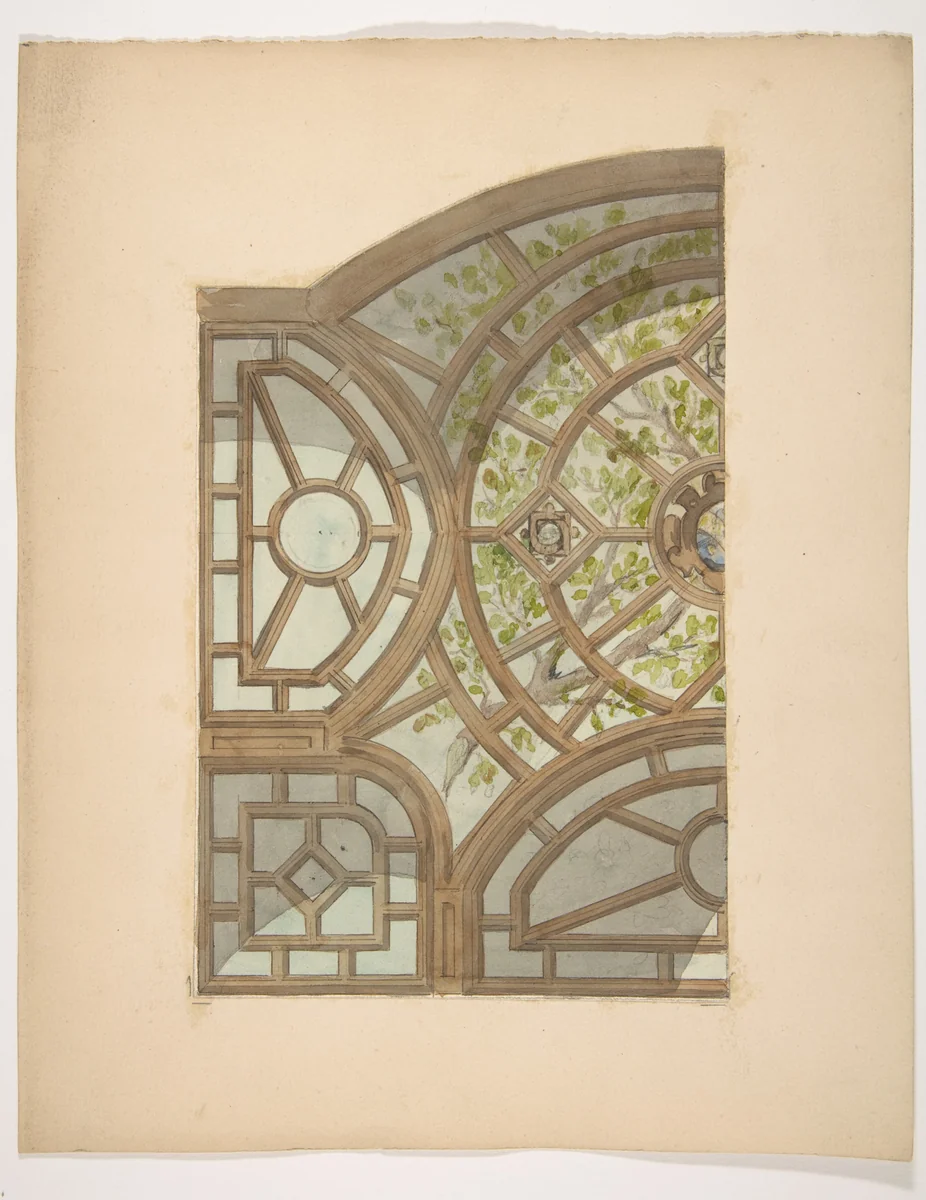 Design for one section of a ceiling painted with trees and lattices by Jules-Edmond-Charles Lachaise, drawing, 1850-1900