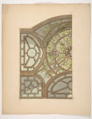 Design for one section of a ceiling painted with trees and lattices by Jules-Edmond-Charles Lachaise, drawing, 1850-1900