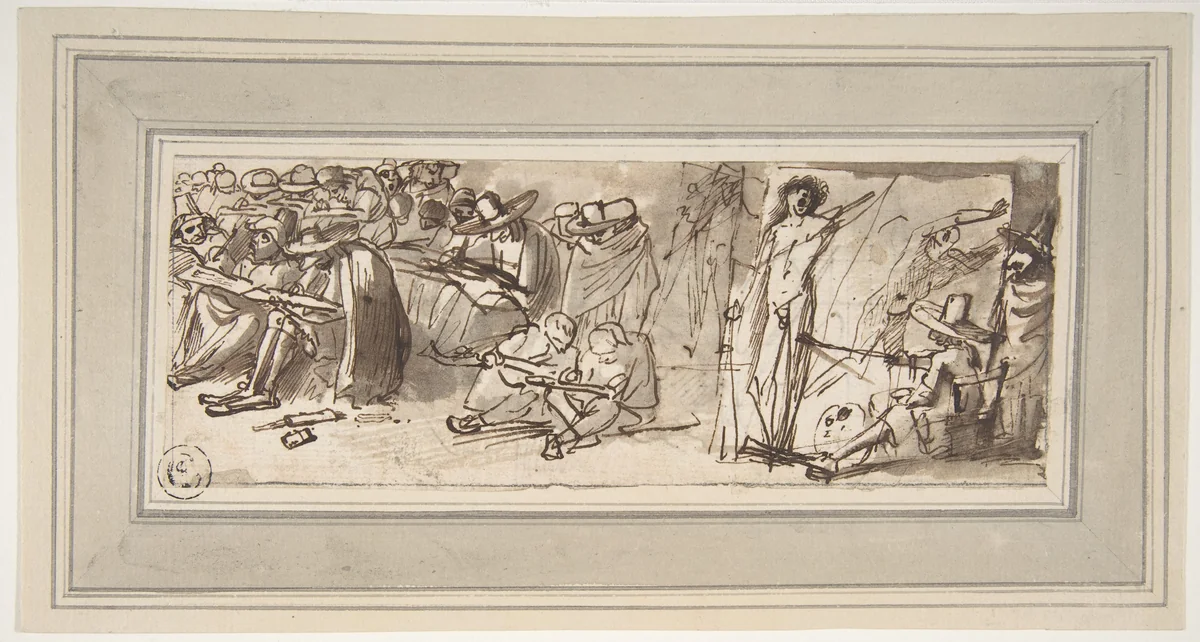 Artists Drawing and Painting in a Studio by Pier Francesco Mola, drawing, 1612-1666