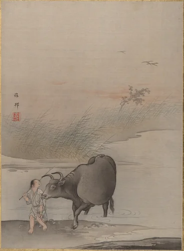Boy with Cow at the River's Edge by Hashimoto Gahō, painting, 1868-1912