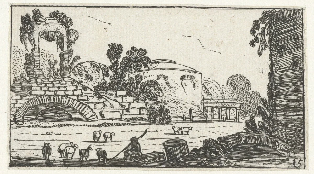 Ruïnes en een herder met schapen by anonymous, print, 1610-1617