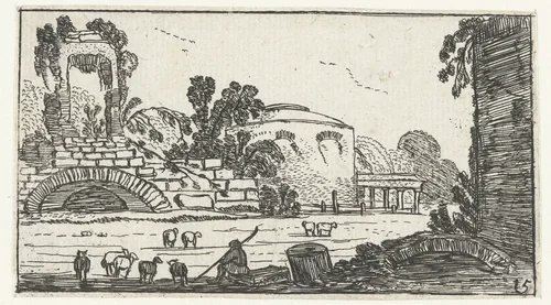 Ruïnes en een herder met schapen by anonymous, print, 1610-1617