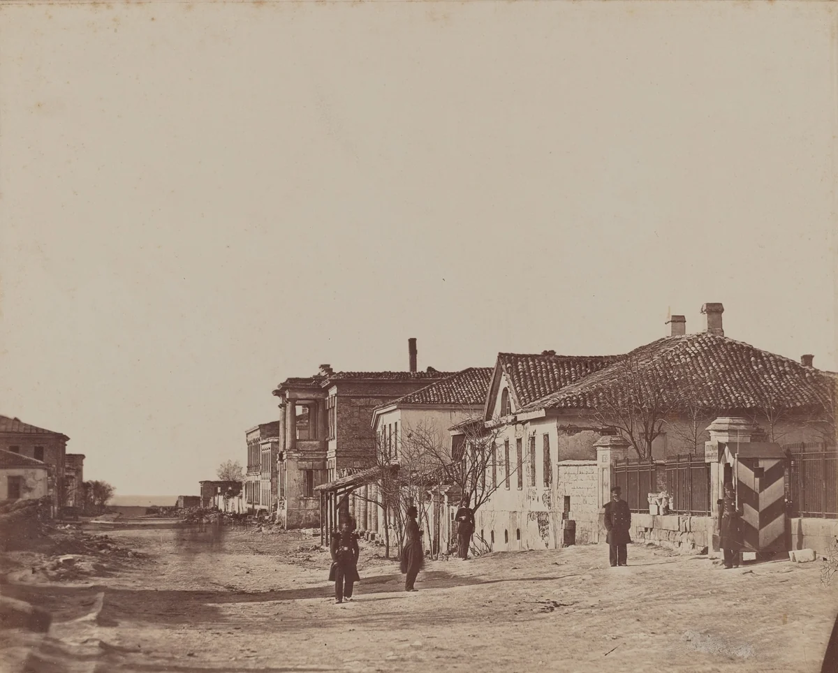 View of Street with Soldiers by James Robertson; Felice Beato, photograph, 1855-1856