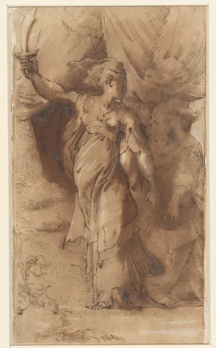 Judith met haar dienstmaagd by anonymous, drawing, 1525-1620