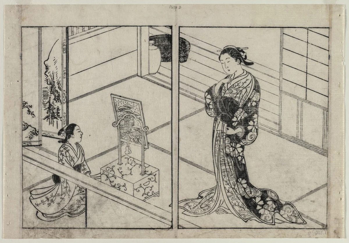 Woman and Child Beside a Mirror Stand by Nishikawa Sukenobu (西川祐信), print, 1740-1749