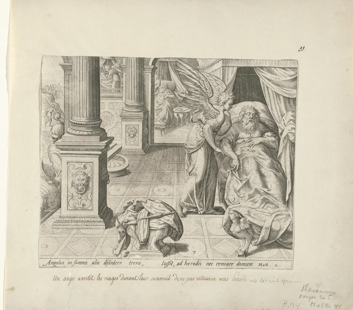 De drie koningen worden in hun dromen gewaarschuwd door een engel by Johann Sadeler, print, 1585