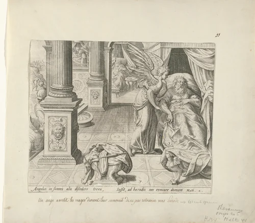 De drie koningen worden in hun dromen gewaarschuwd door een engel by Johann Sadeler, print, 1585