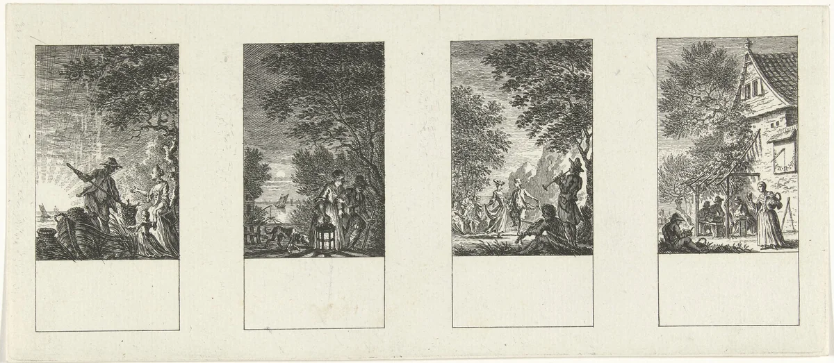 Vier voorstellingen van de vier dagdelen by Simon Fokke, print, 1722-1784
