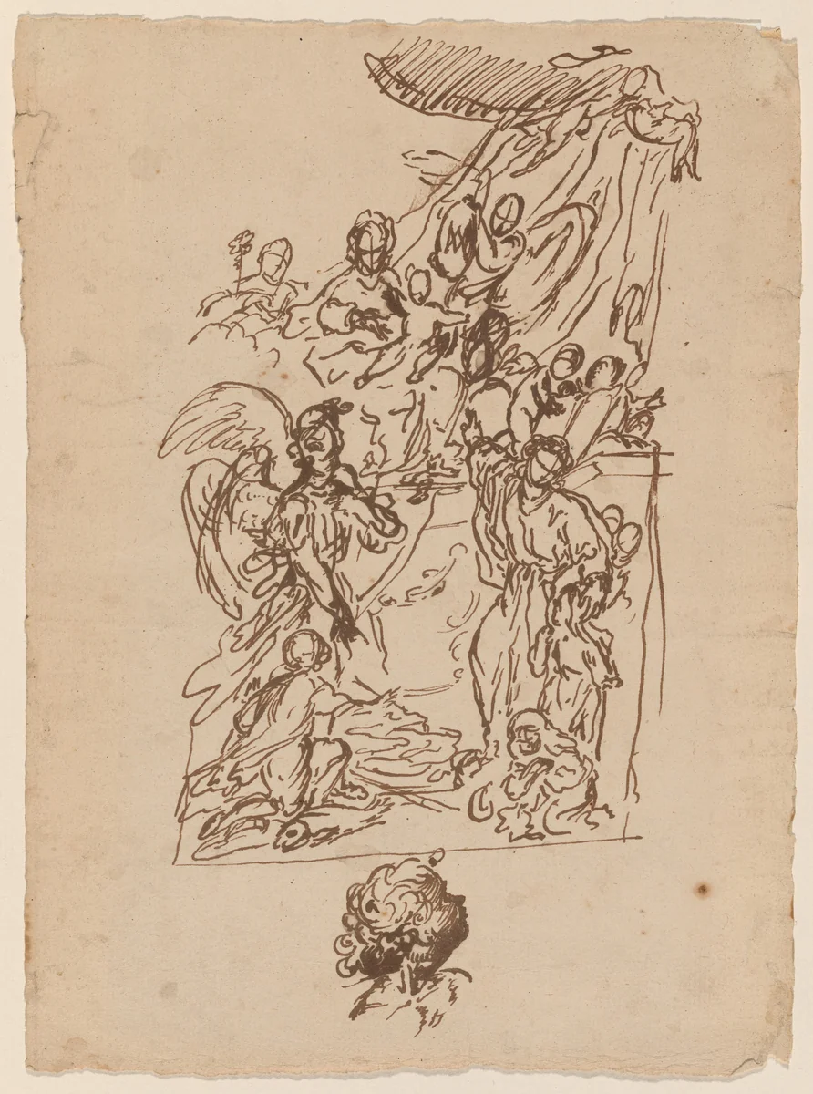 The Madonna and Child Seated on a Dais with Tobias and the Angel and a Saint Presenting Two Children by Pietro Giacomo Palmieri, drawing, 1750-1799