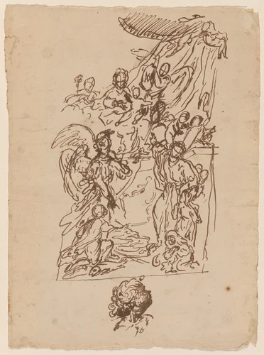 The Madonna and Child Seated on a Dais with Tobias and the Angel and a Saint Presenting Two Children by Pietro Giacomo Palmieri, drawing, 1750-1799