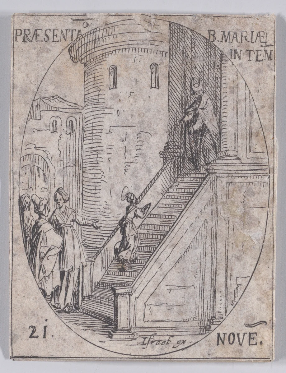 Preséntation de la Vierge Marie dans le Temple (Presentation of the Virgin Mary in the Temple), November 21st, from "Les Images De Tous Les Saincts et Saintes de L'Année" (Images of All of the Saints and Religious Events of the Year) by Jacques Callot, print, 1636