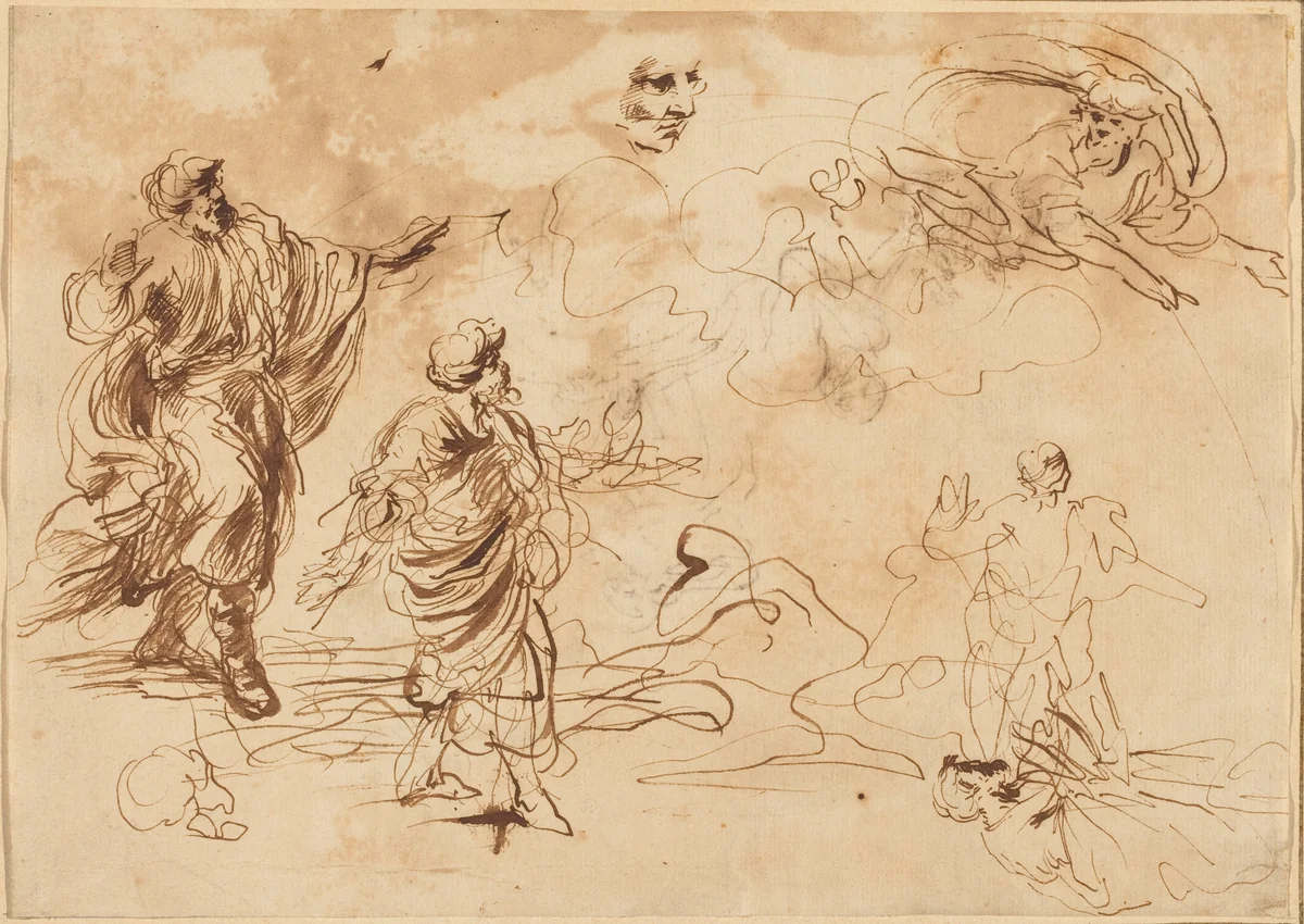 Studies for a Biblical Scene with God the Father Appearing to a Bearded Male Figure by Roman, drawing, 1640-1660