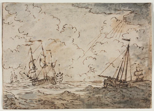 Ships at Sea by Ludolf Backhuysen, drawing, 1600-1699