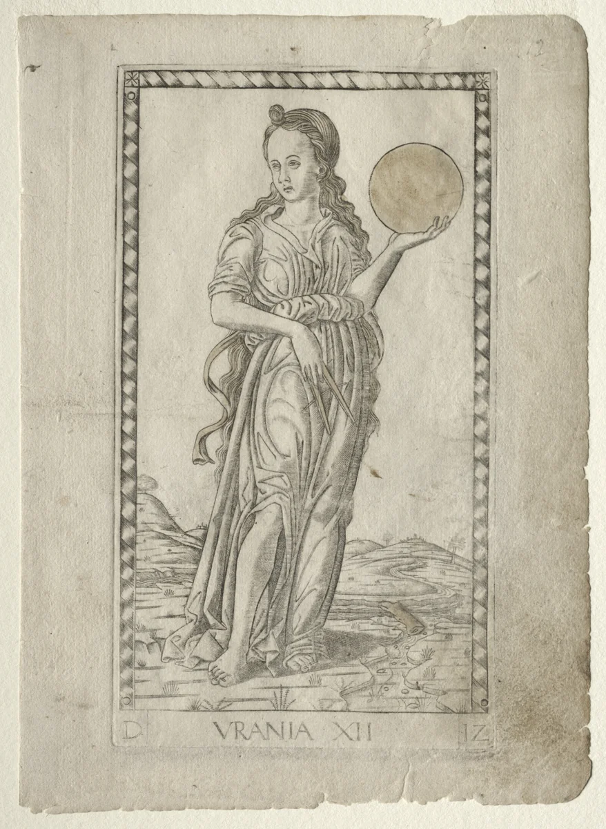 Urania (astronomy) (from the Tarocchi series D: Apollo and the Muses, #12) by Master of the E-Series Tarocchi, print, 1457-1467