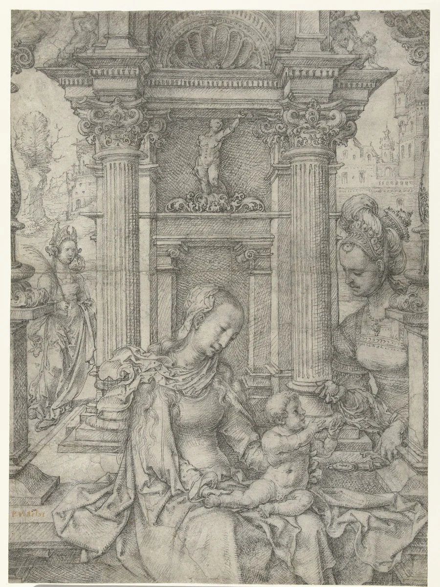 Maria met kind en H. Barbara en H. Catharina by Jan Gossart, drawing, 1511-1516