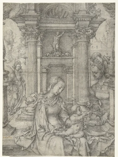 Maria met kind en H. Barbara en H. Catharina by Jan Gossart, drawing, 1511-1516