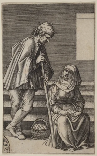 Peasant and Egg Woman by Raphael, print, 1509-1519