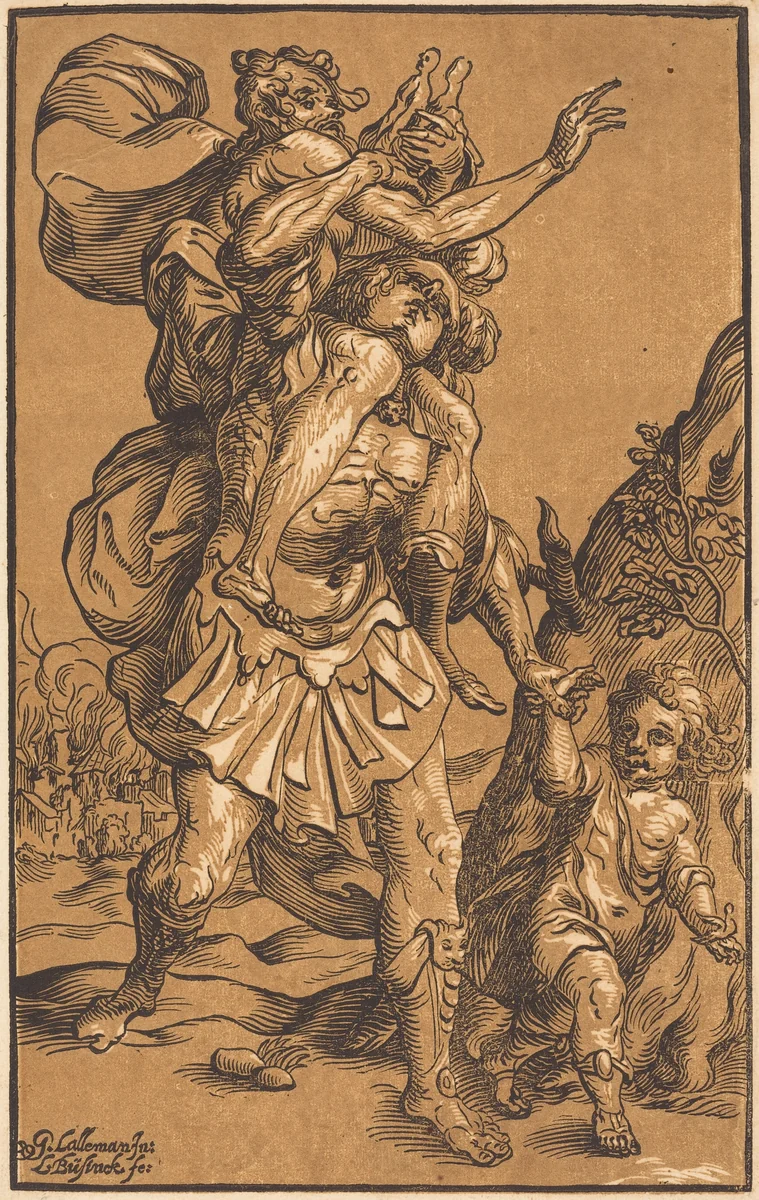 Aeneas Saving His Father from Troy by Ludwig Büsinck; Georges Lallemand, print, 1590-1669