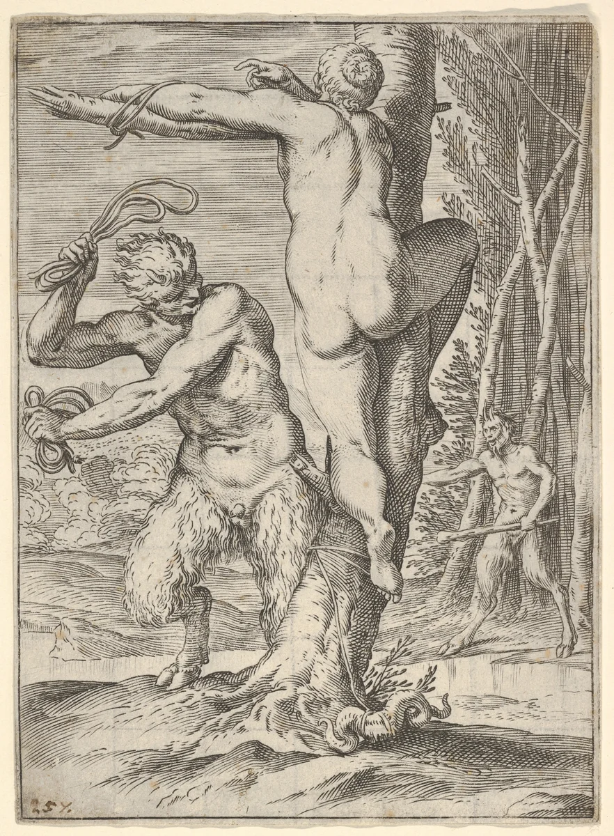Satyr whipping a nymph, who is shown from behind and bound to a tree, a second satyr bearing a club stands in the middle ground by Agostino Carracci, print, 1590-1595
