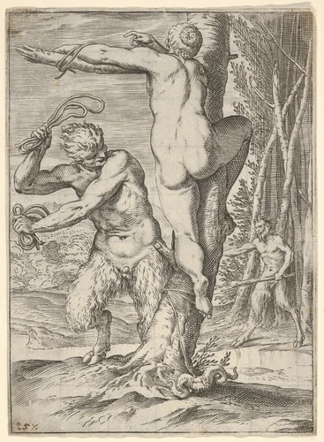 Satyr whipping a nymph, who is shown from behind and bound to a tree, a second satyr bearing a club stands in the middle ground by Agostino Carracci, print, 1590-1595