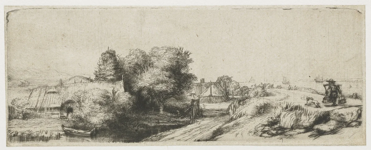 Landscape with a Fisherman (‘The Milkman’) by Rembrandt van Rijn, print, 1650