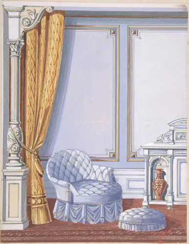 Interior Design for a Gray Curtained Alcove, with an Uphostered Armchair, Ottoman and Cabinet by anonymous, drawing, 1880-1900