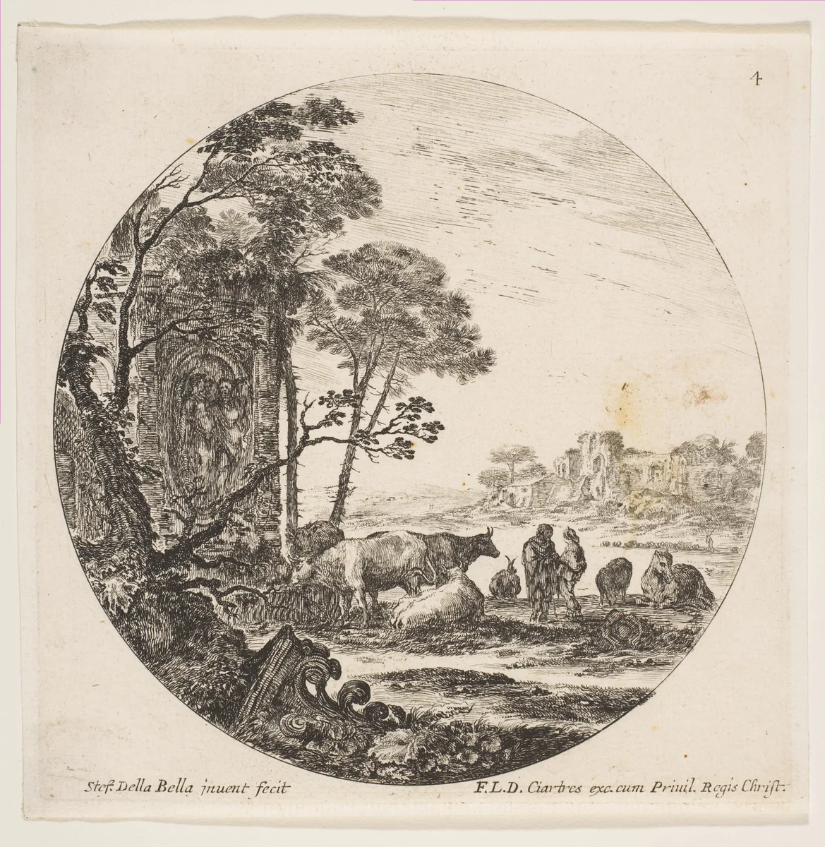 A Corinthian capital on the ground at left, a monument with figures in low relief at left in the middleground, various animals and two shepherds at right, plate 4 from "Roman landscapes and ruins" (Paysages et ruines de Rome) by Stefano della Bella, print, 1641-1651