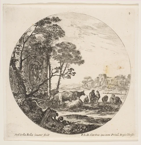 A Corinthian capital on the ground at left, a monument with figures in low relief at left in the middleground, various animals and two shepherds at right, plate 4 from "Roman landscapes and ruins" (Paysages et ruines de Rome) by Stefano della Bella, print, 1641-1651