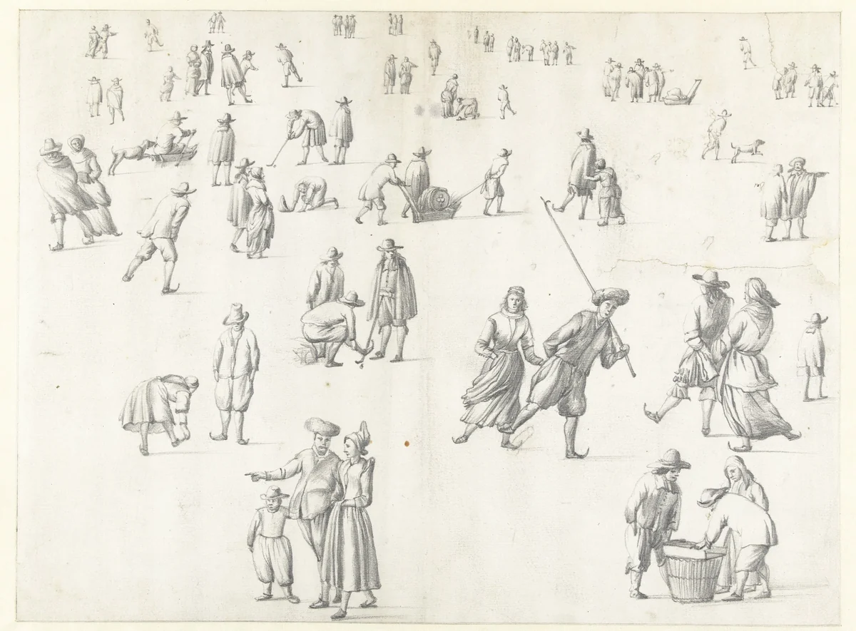 Groups of Figures on the Ice by Jan Abrahamsz. Beerstraten, drawing, 1600-1699