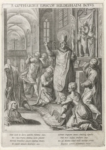 Heilige Godehardus van Hildesheim brengt de doden weer tot leven by Raphaël Sadeler, print, 1615