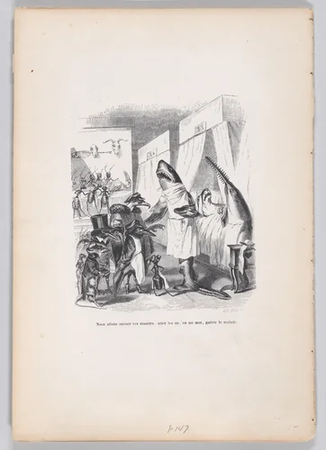 We are going to incise the muscles, saw the bones, in a word, heal the sick, from "Scenes from the Private and Public Life of Animals" by J. J. Grandville, print, 1832-1852