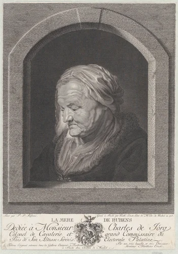Portrait of Rubens' mother, seen through a window opening by Karl Mathias Ernst, print, 1775