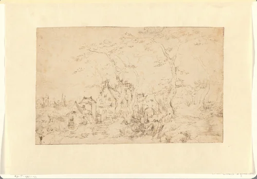 Huizen en watermolen tussen hoge bomen by Gillis Claesz de Hondecoeter, drawing, 1580-1638