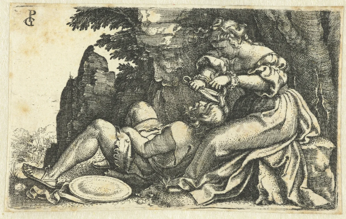 Delila knipt het haar van Simson by Unknown, print, 1531-1532