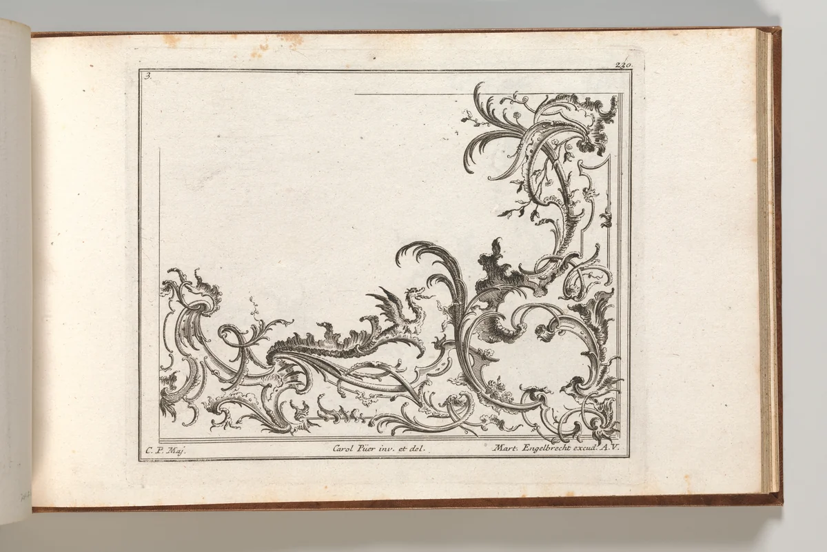 Design for the Decoration of the Lower Right Corner of a Ceiling, Plate 3 from: 'Unterschiedliche neü inventirte Decken oder Plafond.' by Carl Pier, book, 1745-1755