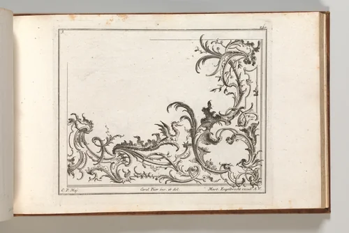 Design for the Decoration of the Lower Right Corner of a Ceiling, Plate 3 from: 'Unterschiedliche neü inventirte Decken oder Plafond.' by Carl Pier, book, 1745-1755