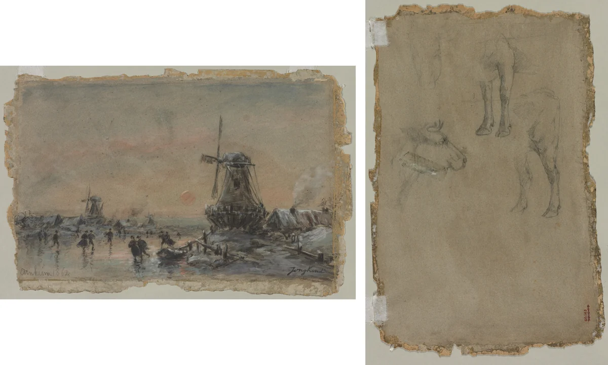 View of Arnheim (recto); Studies of a Bull (verso) by Johan Barthold Jongkind, drawing, 1864